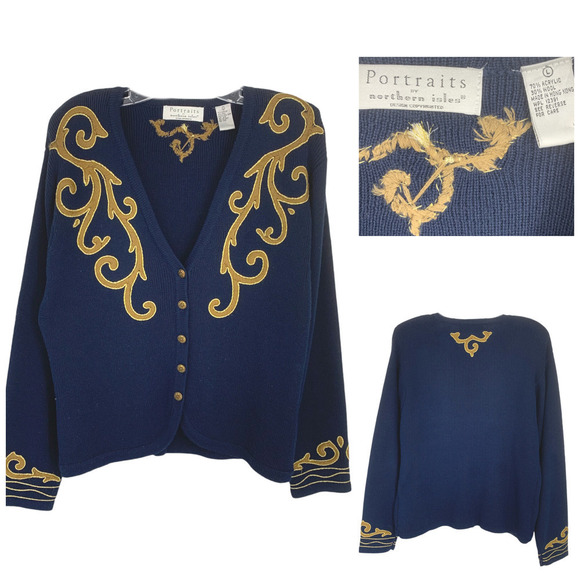 Vtg Portraits x Northern Isles Sz L Navy Blue Gold Applique Cardigan Sweater - Picture 1 of 8